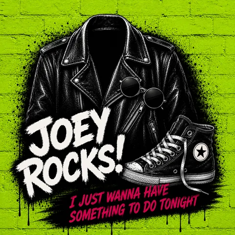 Ilustración de Joey Rocks! con chupa de cuero, gafas redondas y zapatilla, y la frase I just wanna have something to do tonight
